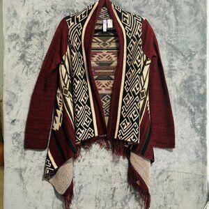 Alya Aztec Open Cardigan Sz Small Burgundy Long Sleeve Fringe Southwestern